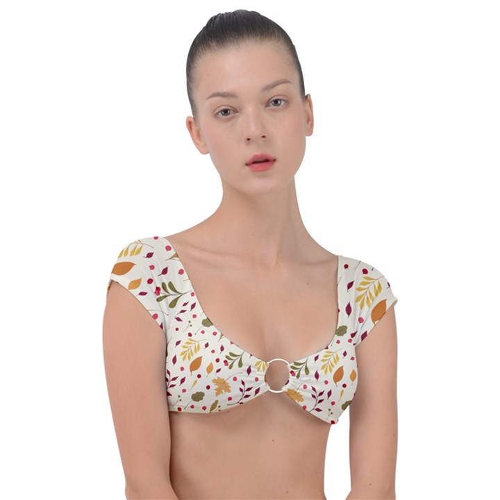 Pretty Leaves Pattern Cap Sleeve Ring Bikini Top