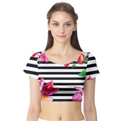 Black And White Stripes Short Sleeve Crop Top by designsbymallika