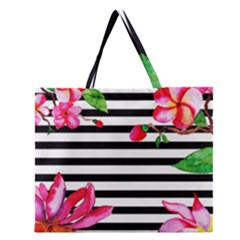 Black And White Stripes Zipper Large Tote Bag by designsbymallika