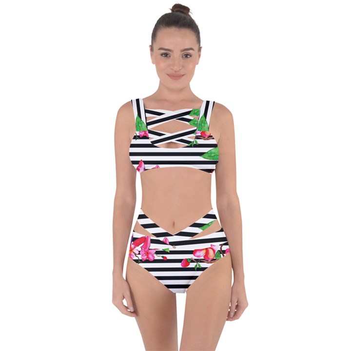 Black And White Stripes Bandaged Up Bikini Set 