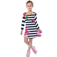 Black And White Stripes Kids  Long Sleeve Velvet Dress by designsbymallika