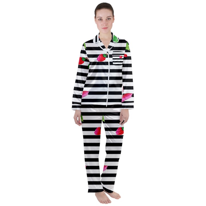 Black And White Stripes Satin Long Sleeve Pyjamas Set