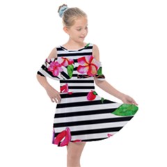 Black And White Stripes Kids  Shoulder Cutout Chiffon Dress by designsbymallika