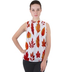 Autumn Pattern Mock Neck Chiffon Sleeveless Top by designsbymallika