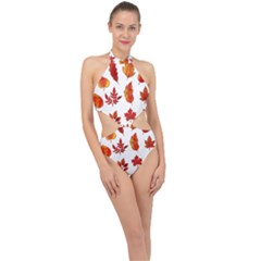 Autumn Pattern Halter Side Cut Swimsuit by designsbymallika