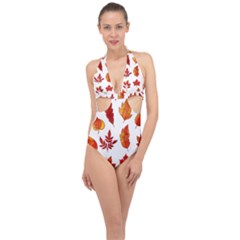 Autumn Pattern Halter Front Plunge Swimsuit by designsbymallika