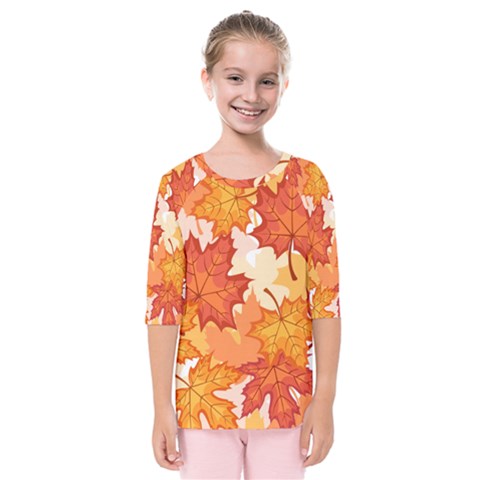 Autumn Leaves Pattern Kids  Quarter Sleeve Raglan Tee by designsbymallika