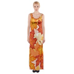 Autumn Leaves Pattern Thigh Split Maxi Dress by designsbymallika