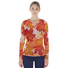 Autumn Leaves Pattern V-neck Long Sleeve Top by designsbymallika