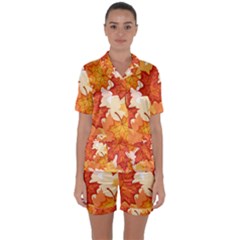 Autumn Leaves Pattern Satin Short Sleeve Pyjamas Set by designsbymallika