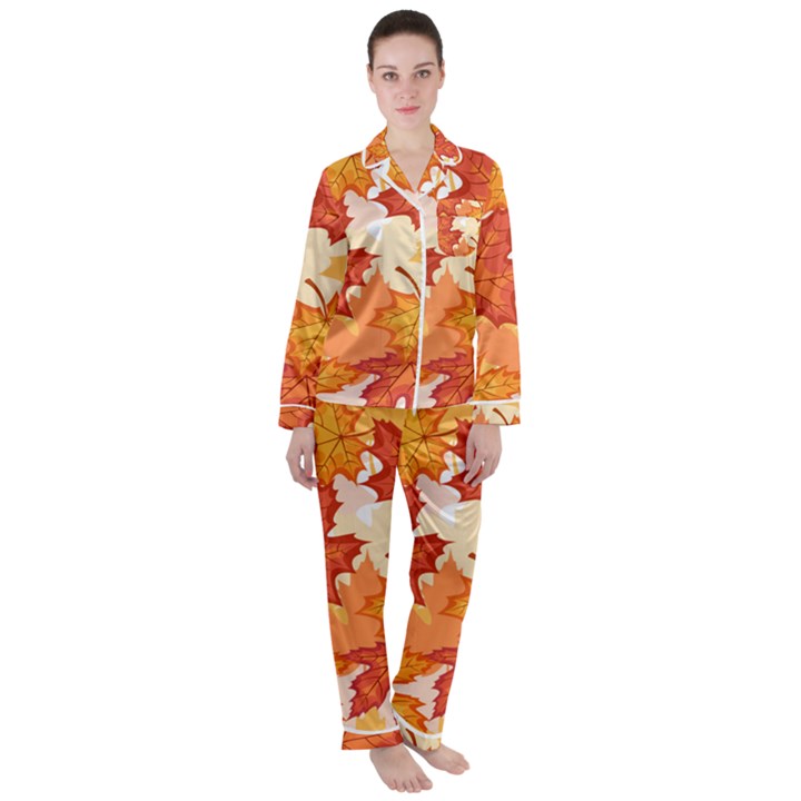 Autumn Leaves Pattern Satin Long Sleeve Pyjamas Set