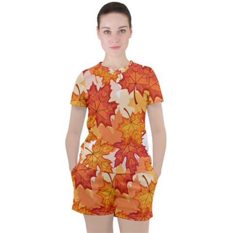 Autumn Leaves Pattern Women s Tee And Shorts Set by designsbymallika