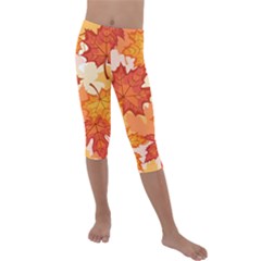 Autumn Leaves Pattern Kids  Lightweight Velour Capri Leggings  by designsbymallika