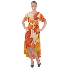 Autumn Leaves Pattern Front Wrap High Low Dress