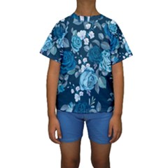 Blue Floral Print  Kids  Short Sleeve Swimwear by designsbymallika