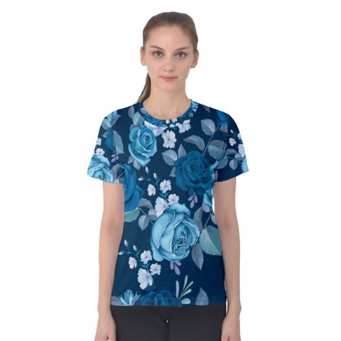 Blue Floral Print  Women s Cotton Tee by designsbymallika