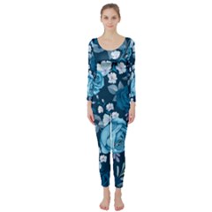 Blue Floral Print  Long Sleeve Catsuit by designsbymallika