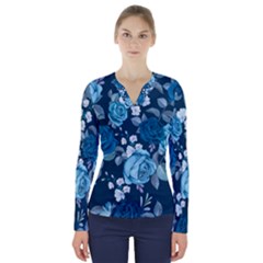 Blue Floral Print  V-neck Long Sleeve Top by designsbymallika