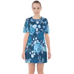 Blue Floral Print  Sixties Short Sleeve Mini Dress by designsbymallika