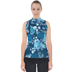 Blue Floral Print  Mock Neck Shell Top by designsbymallika