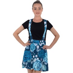 Blue Floral Print  Velvet Suspender Skater Skirt