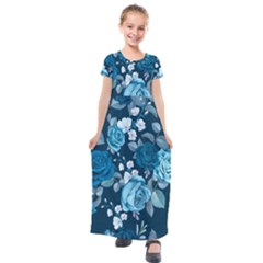 Blue Floral Print  Kids  Short Sleeve Maxi Dress by designsbymallika