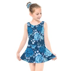 Blue Floral Print  Kids  Skater Dress Swimsuit by designsbymallika