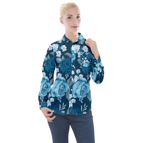 Blue Floral Print  Women s Long Sleeve Pocket Shirt by designsbymallika