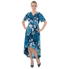 Blue Floral Print  Front Wrap High Low Dress