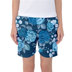 Blue Floral Print  Women s Basketball Shorts by designsbymallika