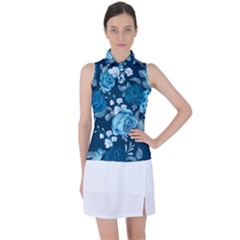 Blue Floral Print  Women s Sleeveless Polo Tee by designsbymallika