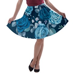 Blue Floral Print  A-line Skater Skirt by designsbymallika