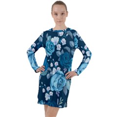 Blue Floral Print  Long Sleeve Hoodie Dress by designsbymallika