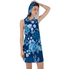 Blue Floral Print  Racer Back Hoodie Dress