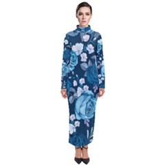 Blue Floral Print  Turtleneck Maxi Dress by designsbymallika