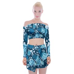 Blue Floral Print  Off Shoulder Top With Mini Skirt Set by designsbymallika