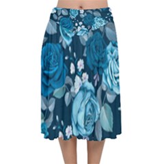 Blue Floral Print  Velvet Flared Midi Skirt by designsbymallika