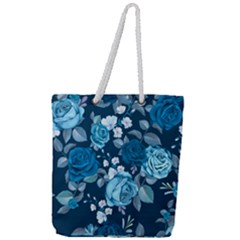 Blue Floral Print  Full Print Rope Handle Tote (large) by designsbymallika