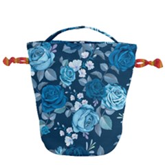 Blue Floral Print  Drawstring Bucket Bag by designsbymallika