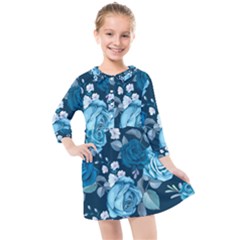 Blue Floral Print  Kids  Quarter Sleeve Shirt Dress by designsbymallika