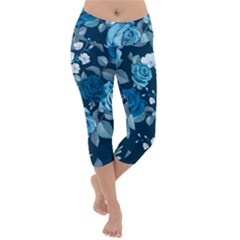 Blue Floral Print  Lightweight Velour Capri Yoga Leggings by designsbymallika