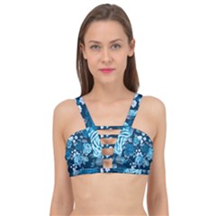 Blue Floral Print  Cage Up Bikini Top by designsbymallika