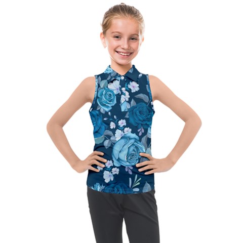 Blue Floral Print  Kids  Sleeveless Polo Tee by designsbymallika