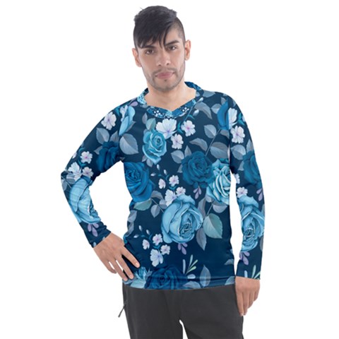 Blue Floral Print  Men s Pique Long Sleeve Tee by designsbymallika