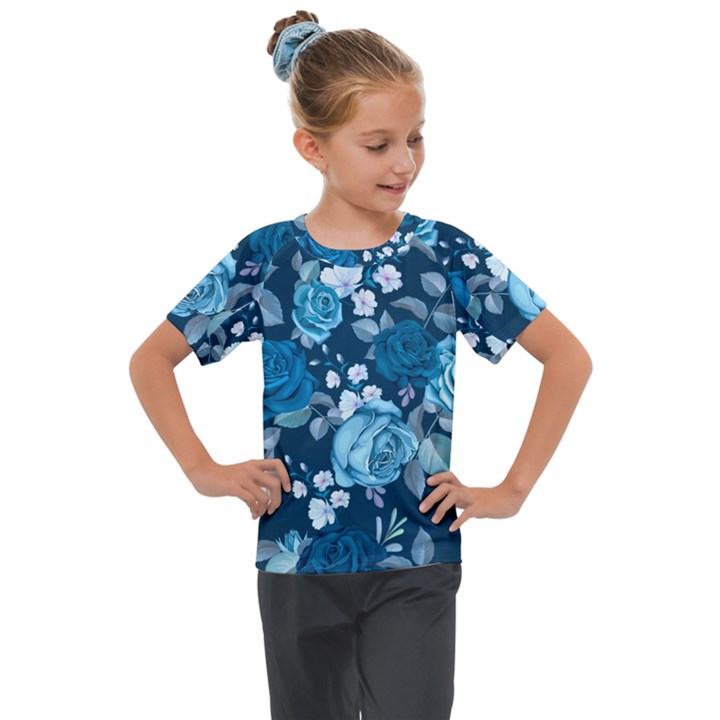 Blue Floral Print  Kids  Mesh Piece Tee