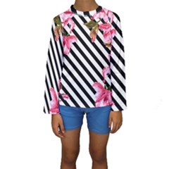 Pink Floral Stripes Kids  Long Sleeve Swimwear by designsbymallika