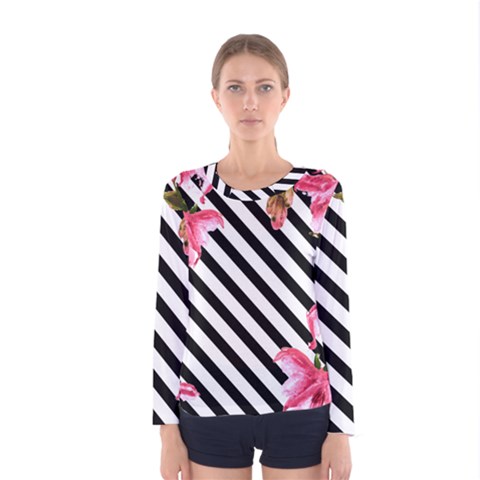 Pink Floral Stripes Women s Long Sleeve Tee by designsbymallika