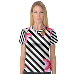 Pink Floral Stripes V-neck Sport Mesh Tee