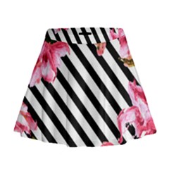 Pink Floral Stripes Mini Flare Skirt by designsbymallika