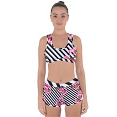 Pink Floral Stripes Racerback Boyleg Bikini Set by designsbymallika